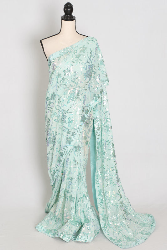 Ishq | Sea Green Soft Net Saree | Ready-To-Wear Set with Size 36 Stitched Blouse image 0