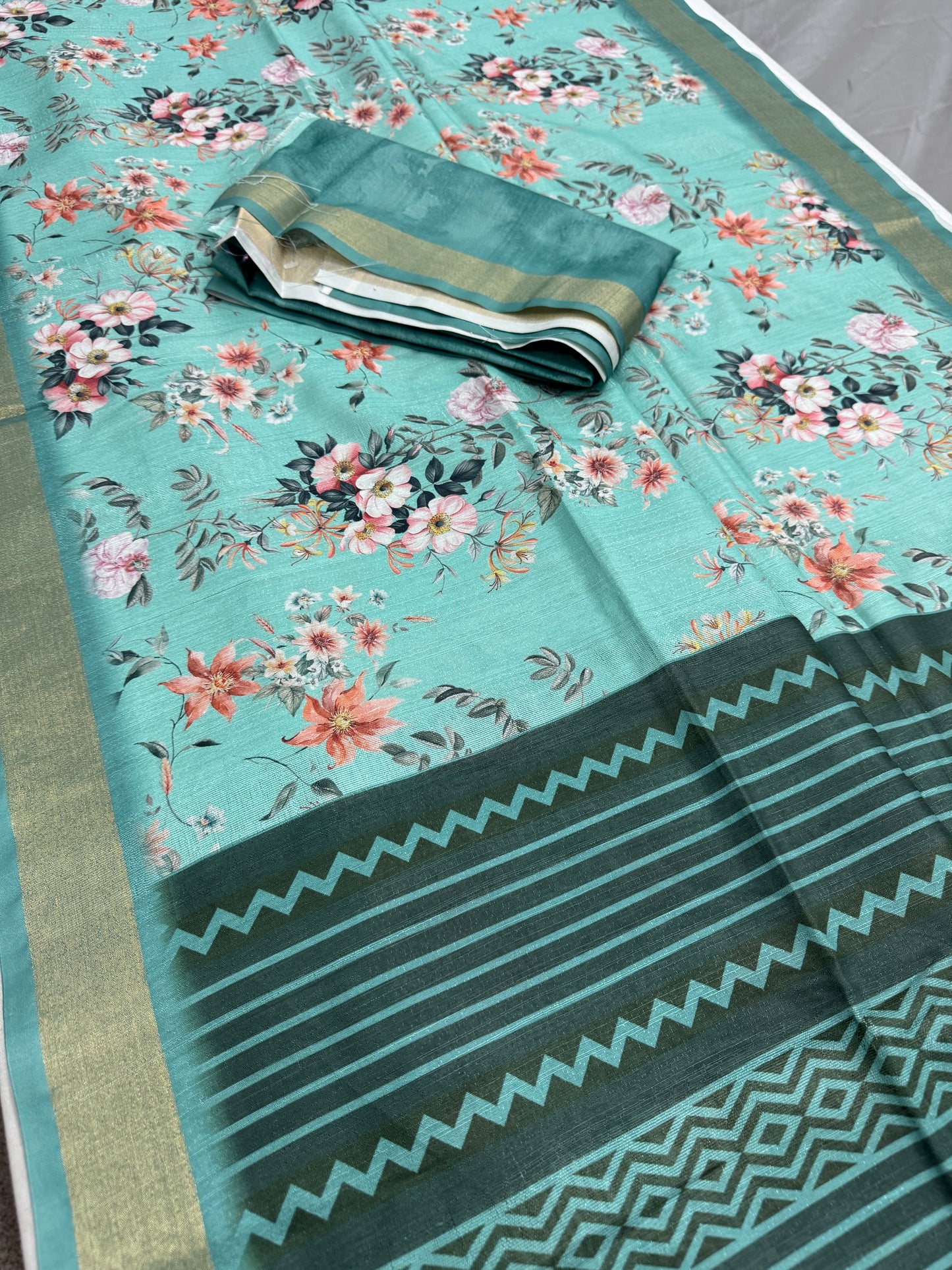 Shazia | Sea Green Floral Printed Semi Tussar Saree image 2