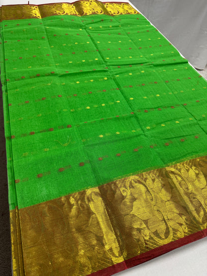 Parrot Green and Red Tant saree — front view