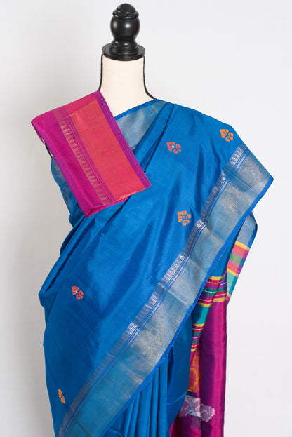 Rashmi : Lightweight Bishnupur Katan Silk Saree in Peacock Blue and Purple image 2