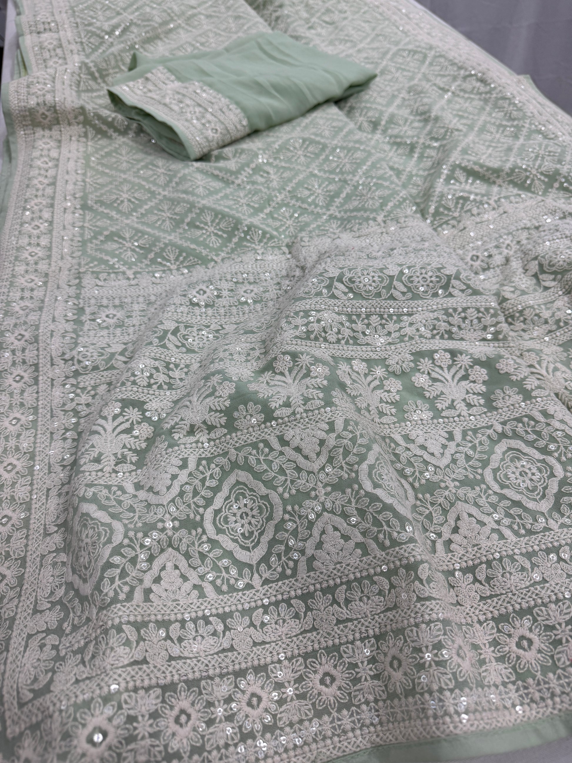 Meher - Pastel Sea Green Chikankari Embroidered Georgette Saree image 4