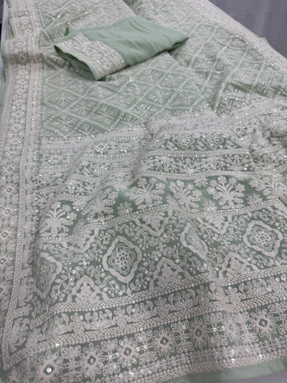 Meher - Pastel Sea Green Chikankari Embroidered Georgette Saree image 4