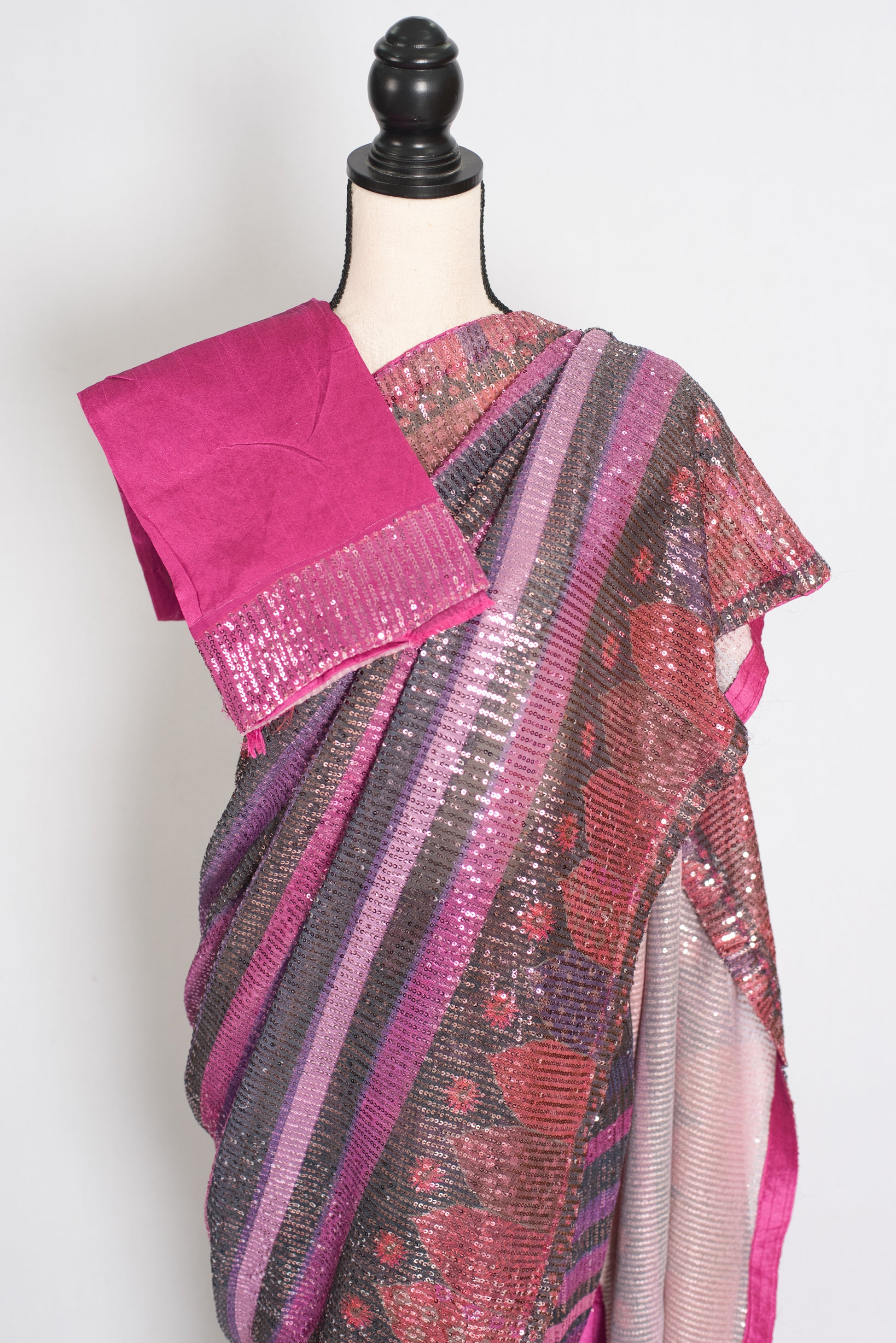 Ruhi | Pink Designer Sequin Saree | Bollywood Style Multi-Tonal Striped Shimmer image 2