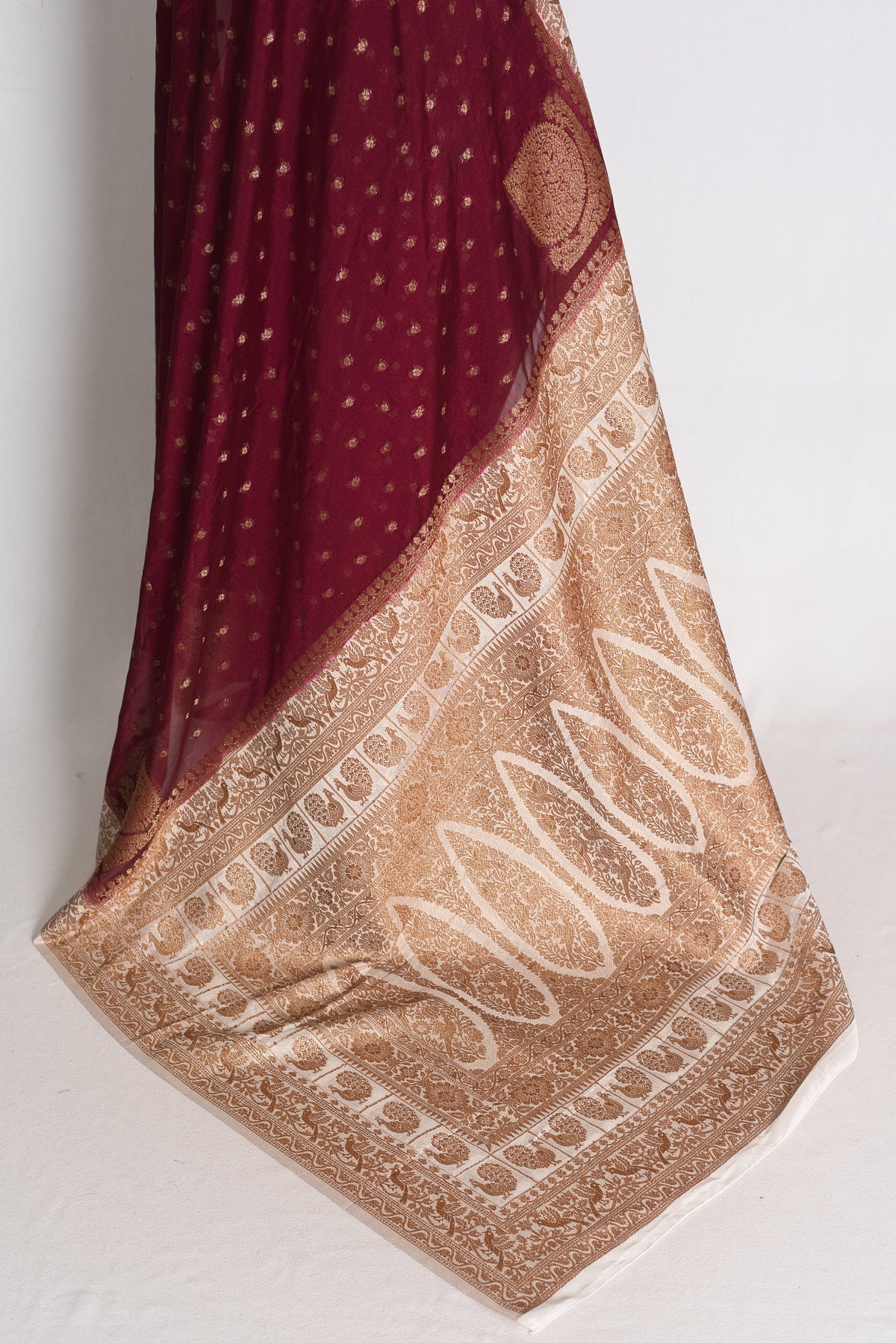 Savita: Maroon Semi Georgette Banarasi Saree with White Border image 4