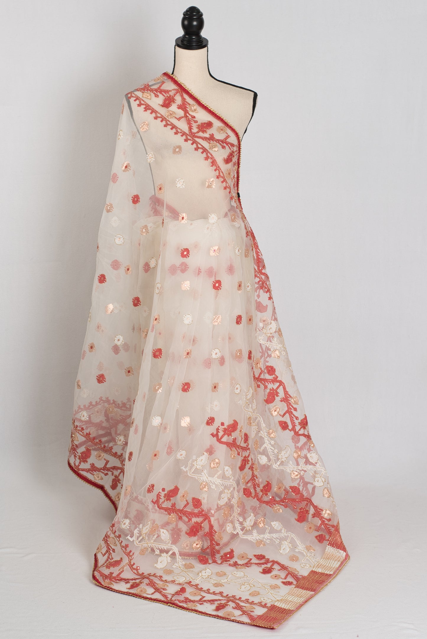 Zehra : White and Red Semi Muslin Jamdani Saree with Cut Dana Hand Embroidery image 1