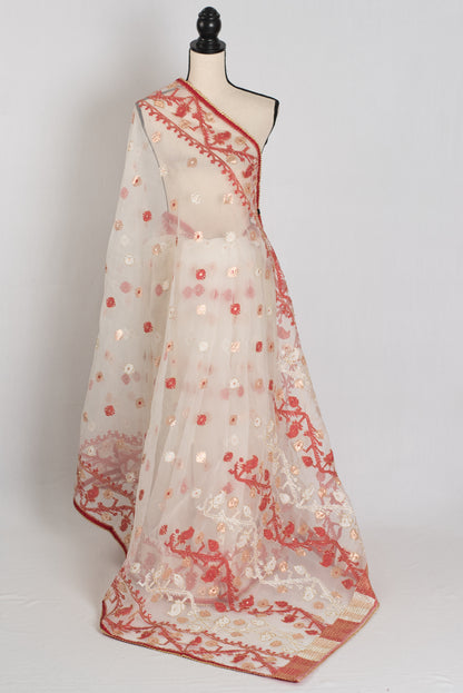 Zehra : White and Red Semi Muslin Jamdani Saree with Cut Dana Hand Embroidery image 1