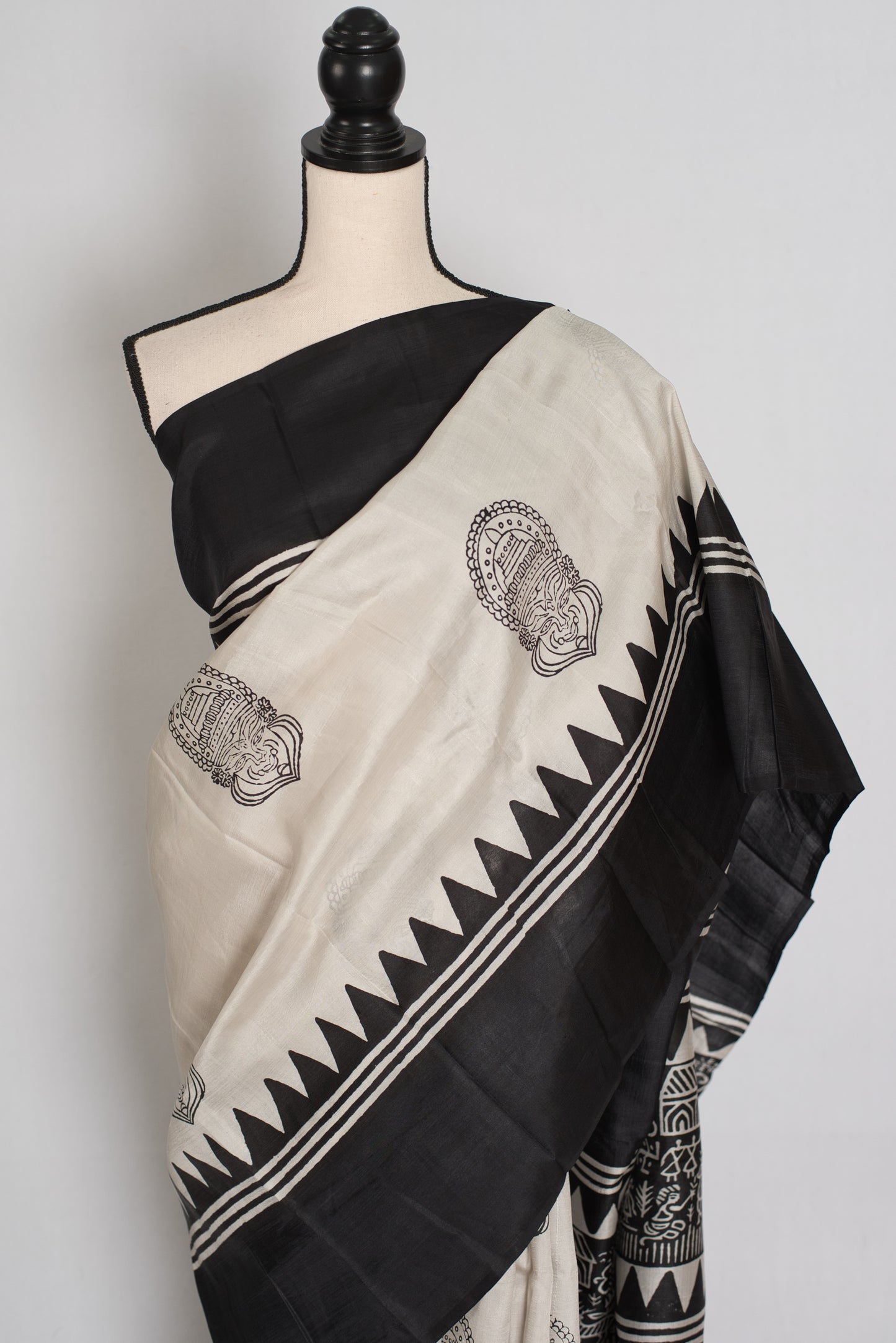 Mritika : Off-White and Black Kalamkari Style Murshidabad Silk Saree image 6