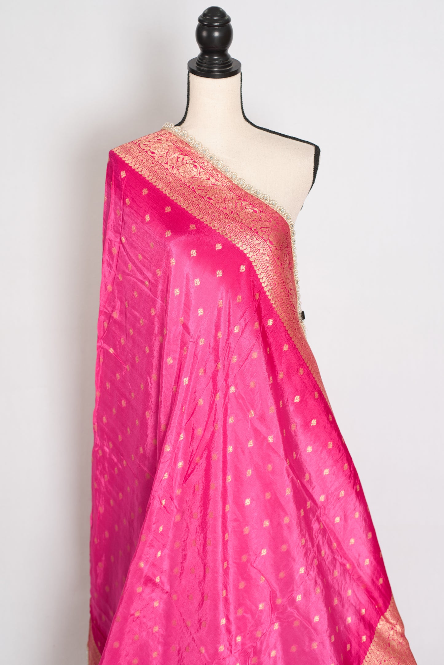 Abira | Pink & Gold Dola Silk Banarasi Saree | Designer Stitched Lace Border image 4