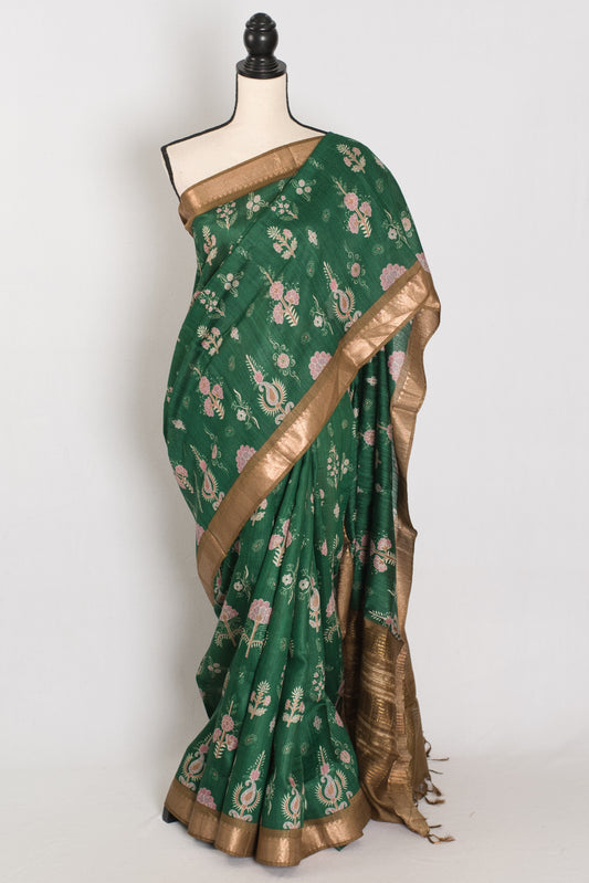 Ahalya | Forest Green Pure Muga Tussar Silk Saree | Contemporary Abstract Prints image 0