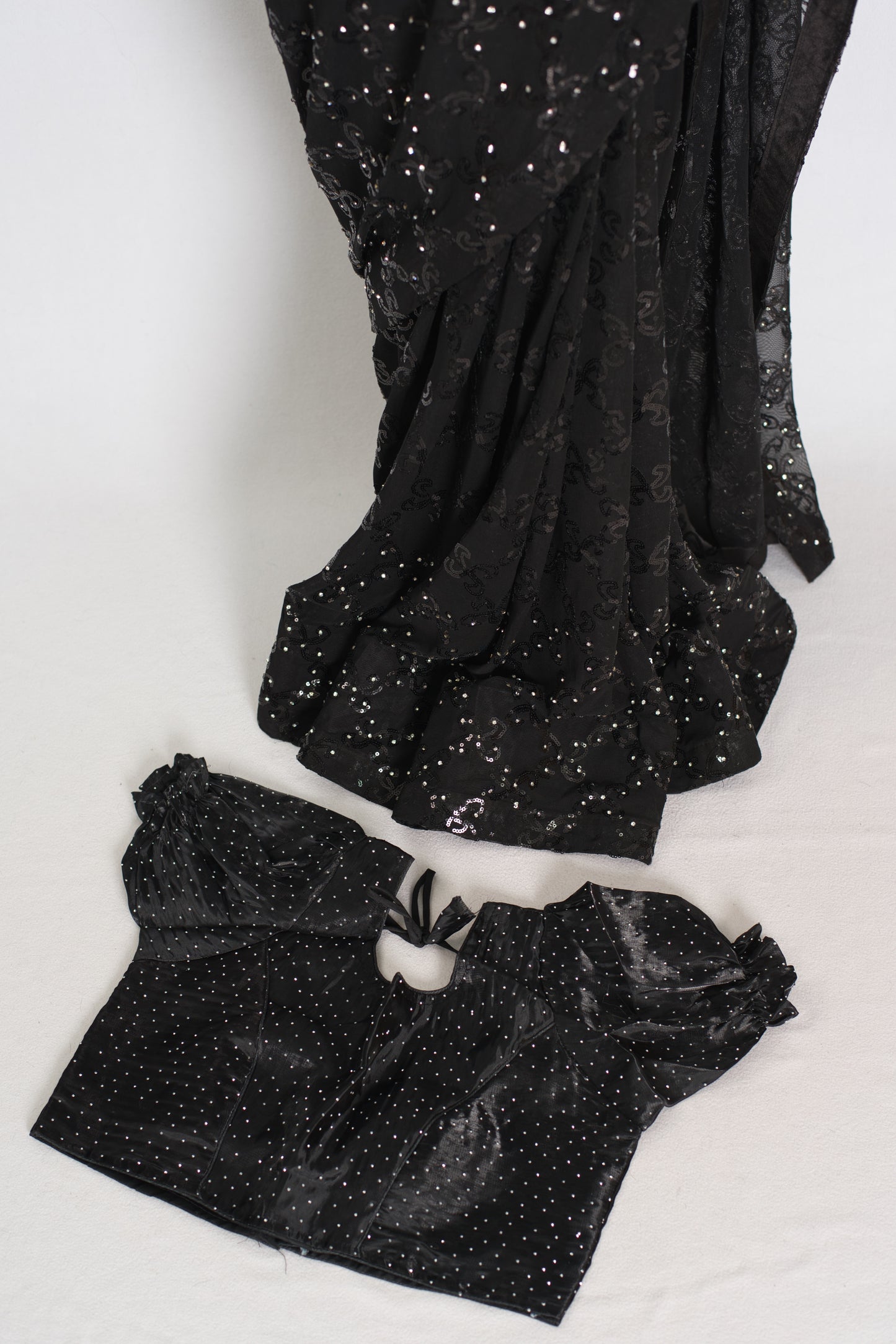 Kajaal | Black Soft Net Fitted Cocktail Saree| Sequins & Stone Embellishments image 6