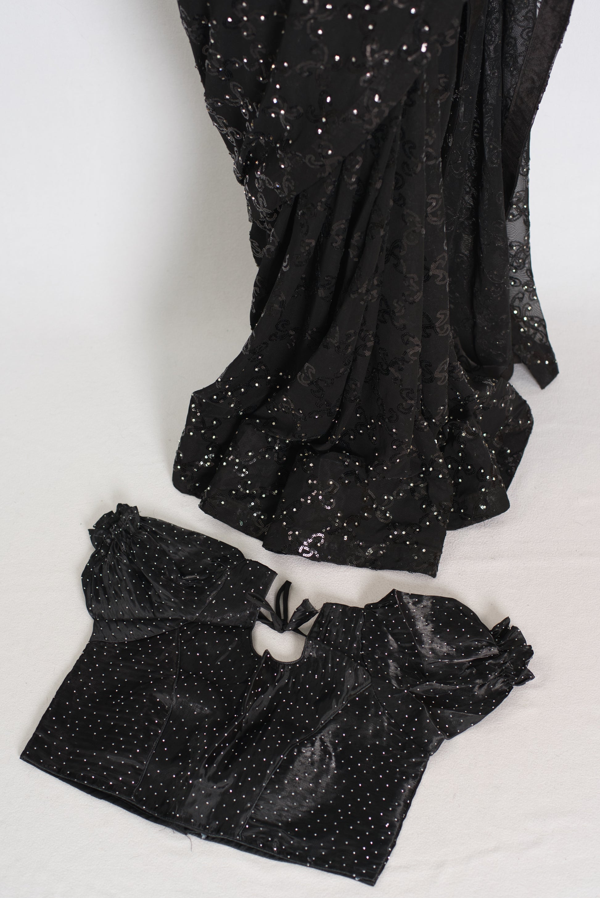 Kajaal | Black Soft Net Fitted Cocktail Saree| Sequins & Stone Embellishments image 6