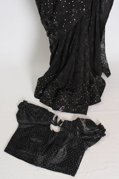Kajaal | Black Soft Net Fitted Cocktail Saree| Sequins & Stone Embellishments image 6