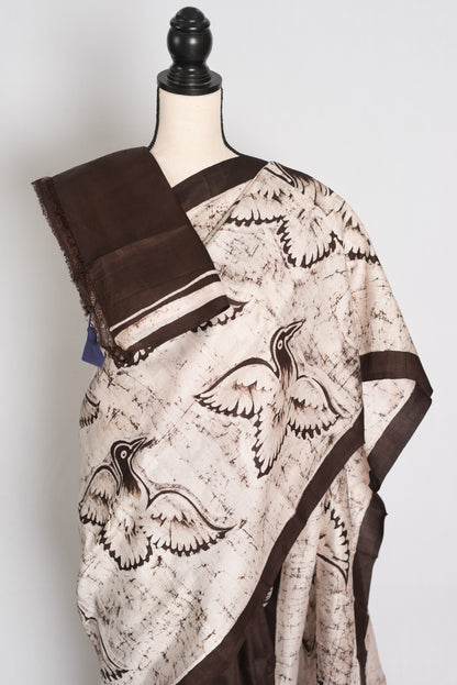 Bristi : Off-White and Coffee Brown Half and Half Hand Batik Pure Silk Saree image 2