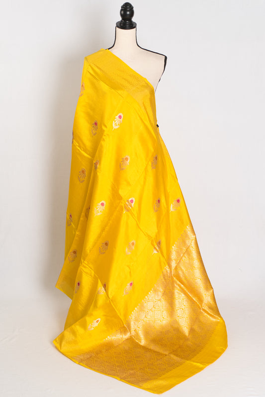 Saira: Bright Yellow Lightweight Banarasi Katan Silk Saree | Silk Mark Certified image 1