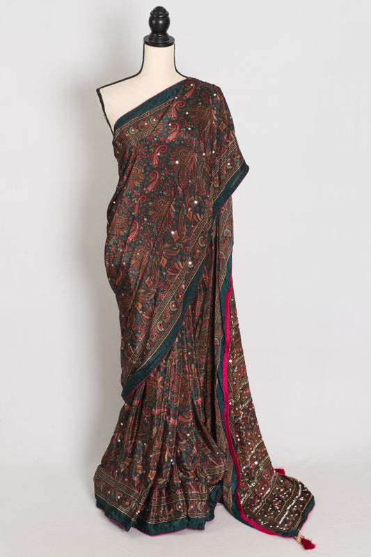 Sneha | Dark Green Kalamkari Printed Mirror Work Saree | Semi Modal Silk image 0