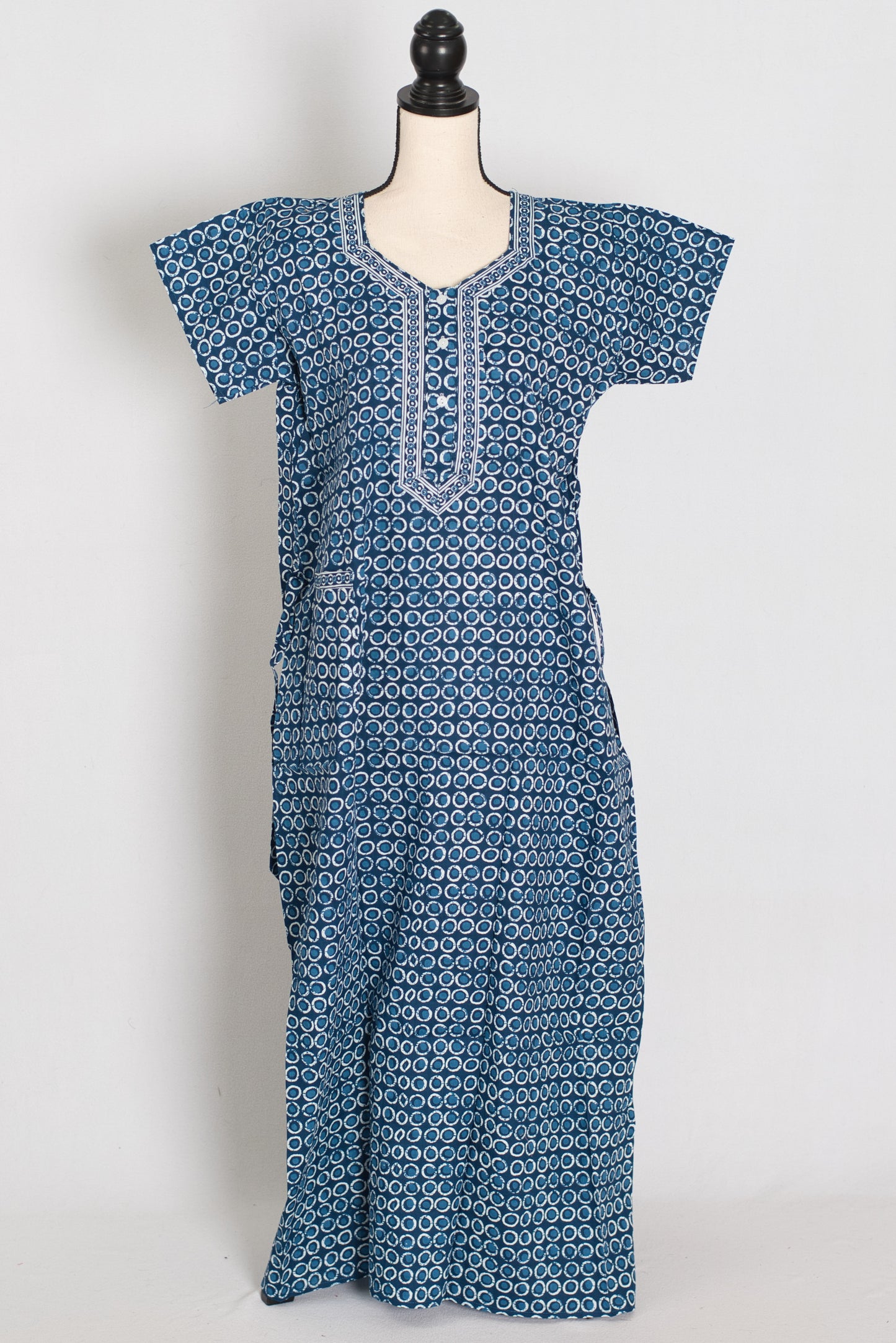 Indigo Blue Geometric Circle Print Pure Cotton Long Indian Nightgown image 1