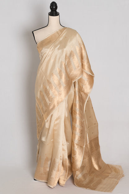 Shweta : Cream and Gold Satin Katan Silk Banarasi Saree | Silk Mark Certified image 0