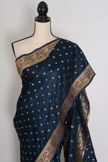 Nayan | Midnight Blue Semi Mashru Banarasi Saree | Pre-Stitched Size 38 Blouse image 7