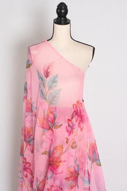 Mou : Bubble Gum Pink Floral Printed Chiffon Saree, Budget-Friendly Summer Drape image 3