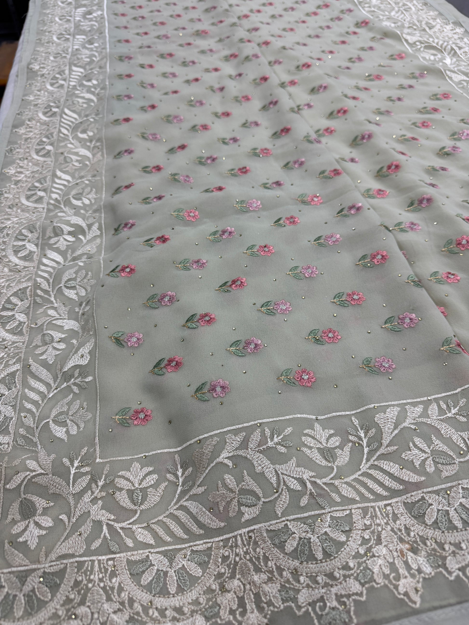 Siya | Light Sage Green Georgette Partywear Saree | Pastel Floral Embroidery image 5