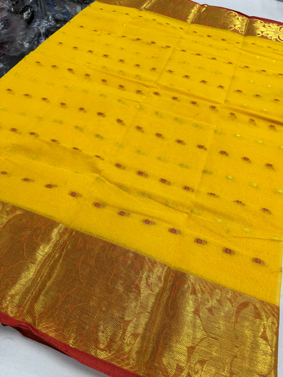 Yellow and Red Tant saree — drape view