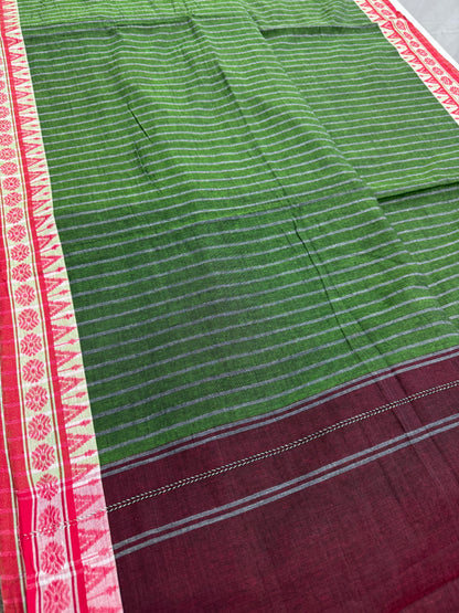 Bina : Heena Green Red Soft Cotton Dhaniakhali Saree image 5