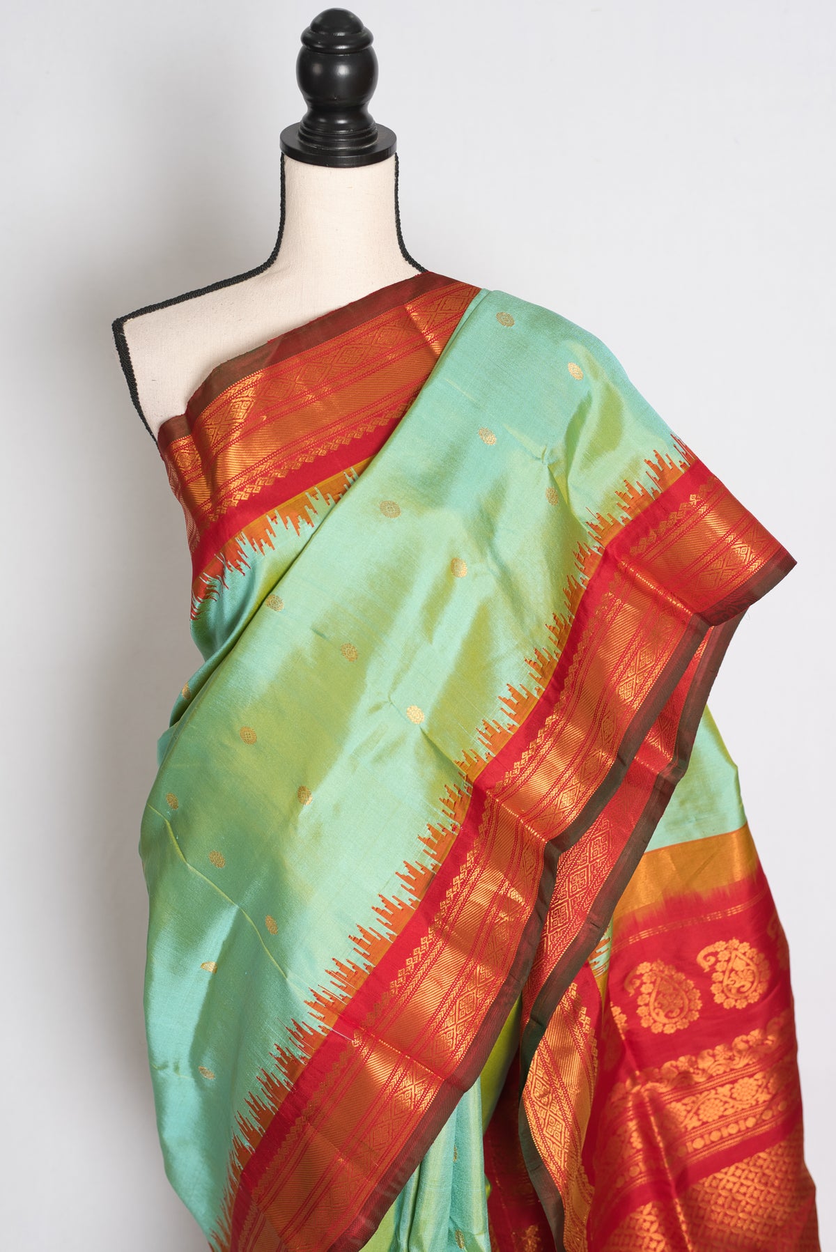 Girija : Sea Green and Red Handwoven Pure Gadwal Silk Saree image 5