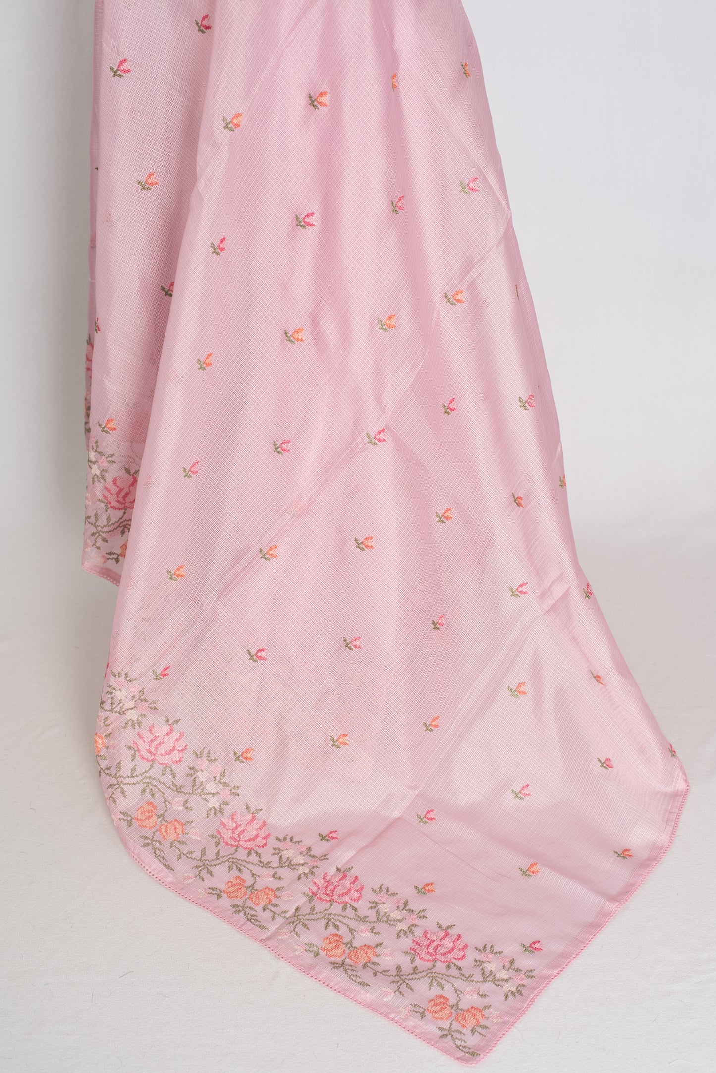 Priya | Baby Pink Blended Kota Silk Saree | Floral Cross Stitch Embroidery image 3