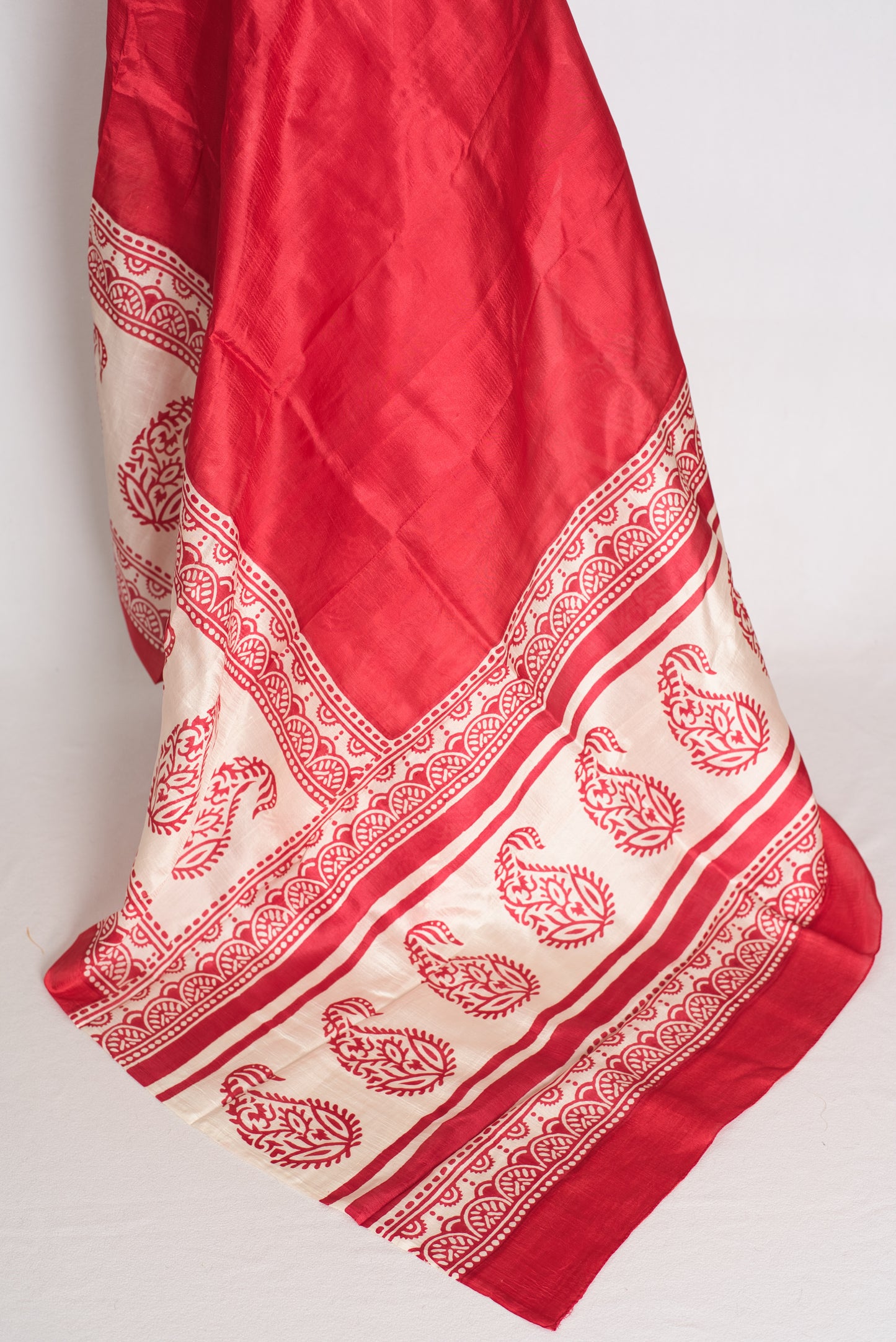 Kasturi : Red and White Hand Block Printed Murshidabad Silk Saree image 4