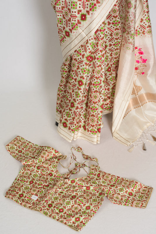 Ira : Off-White Ikkat Print Banarasi Katan Silk Saree – 38 Size Blouse image 1