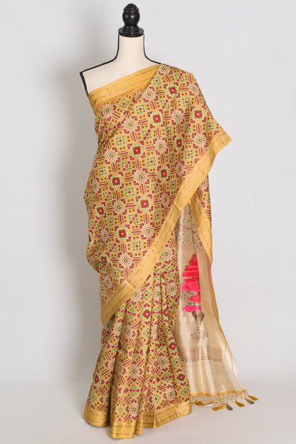 Naheed : Yellow and Gold Contemporary Ikkat Print Banarasi Katan Silk Saree image 0