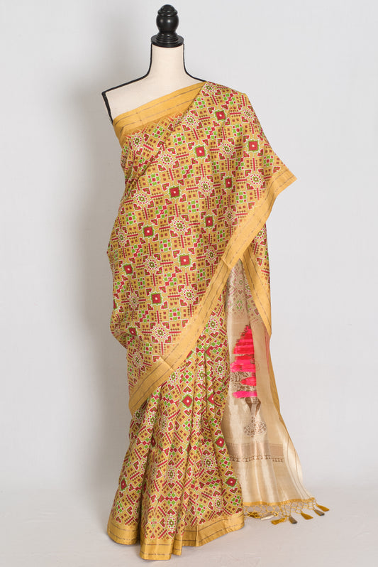 Naheed : Yellow and Gold Contemporary Ikkat Print Banarasi Katan Silk Saree image 0