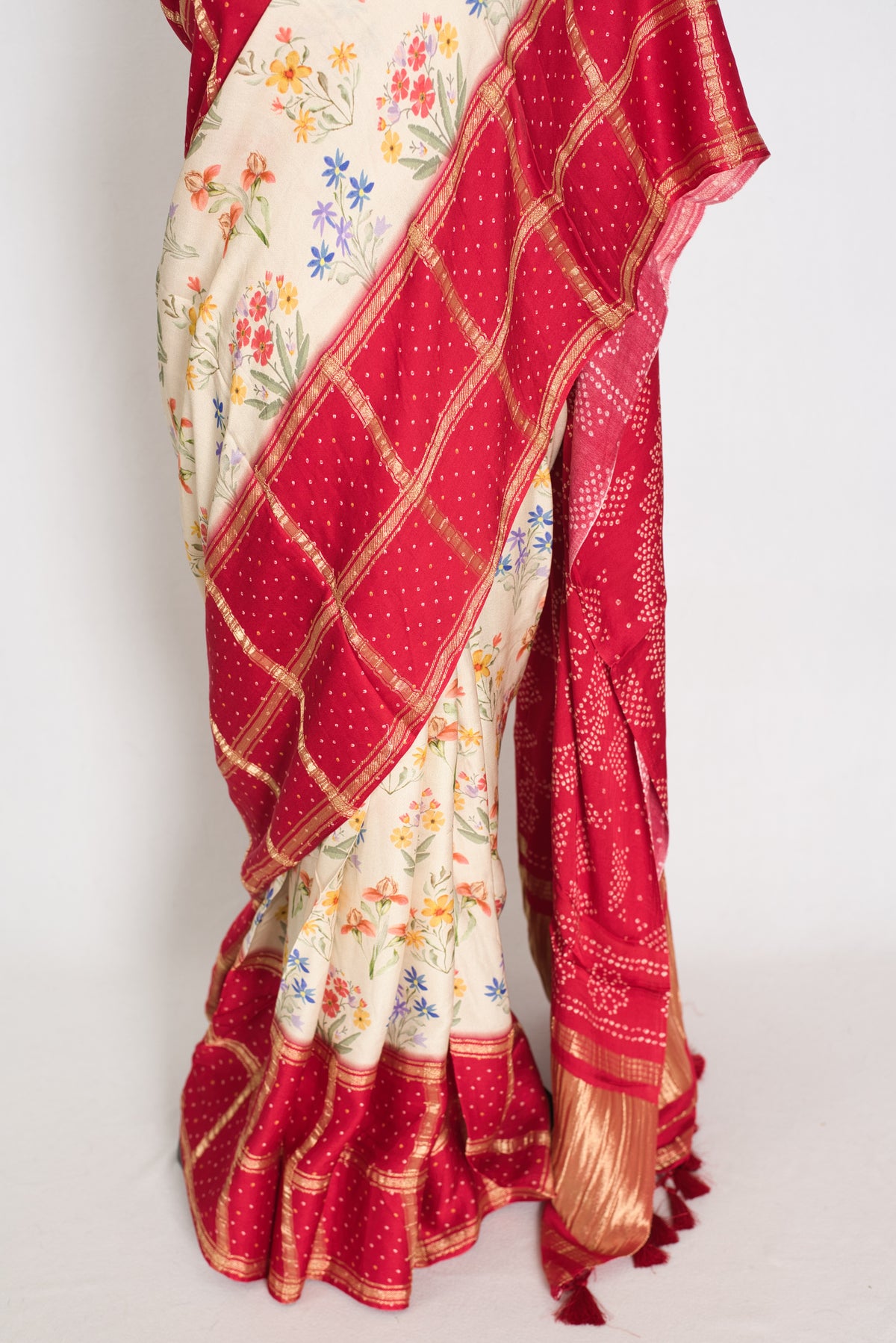 Mehuli | Cream & Rosy Red Modal Silk Saree | Gharchola & Bandhani Print image 7