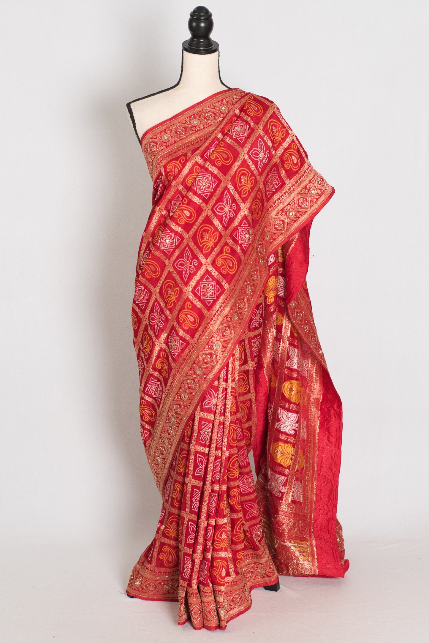 Radha | Red Dola Silk Gharchola Banarasi Saree | Hand-Embroidered Border & Pallu image 0