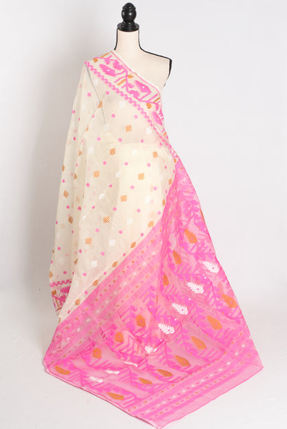Soma : Off White and Pink Blended Soft Cotton Jamdani Bengali Saree image 1