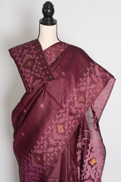 Ila : Burgundy Bengal Tussar Jamdani Silk Saree | Silk Mark Certified image 2