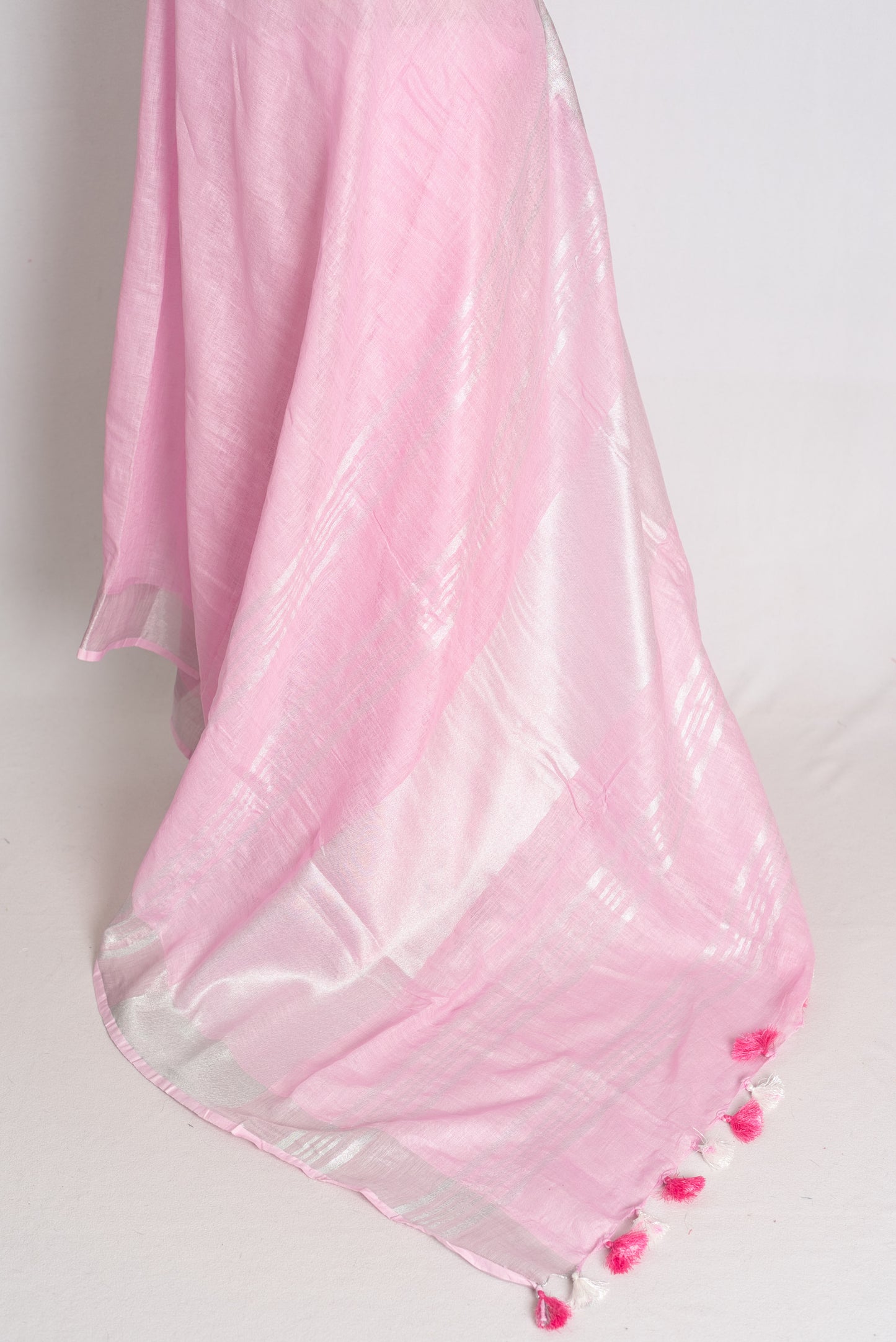 Girija : Baby Pink Pure Linen Saree with Silver Zari Border image 3