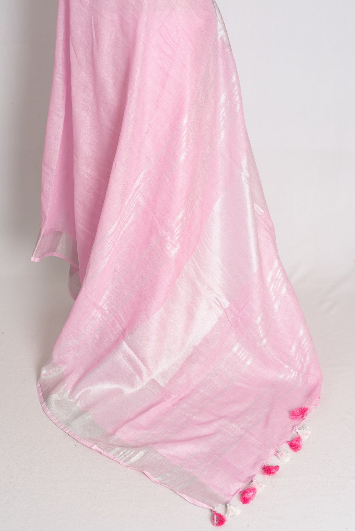 Girija : Baby Pink Pure Linen Saree with Silver Zari Border image 3