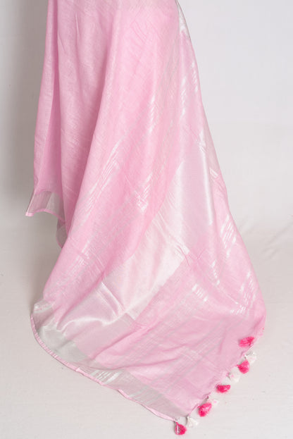 Girija : Baby Pink Pure Linen Saree with Silver Zari Border image 3