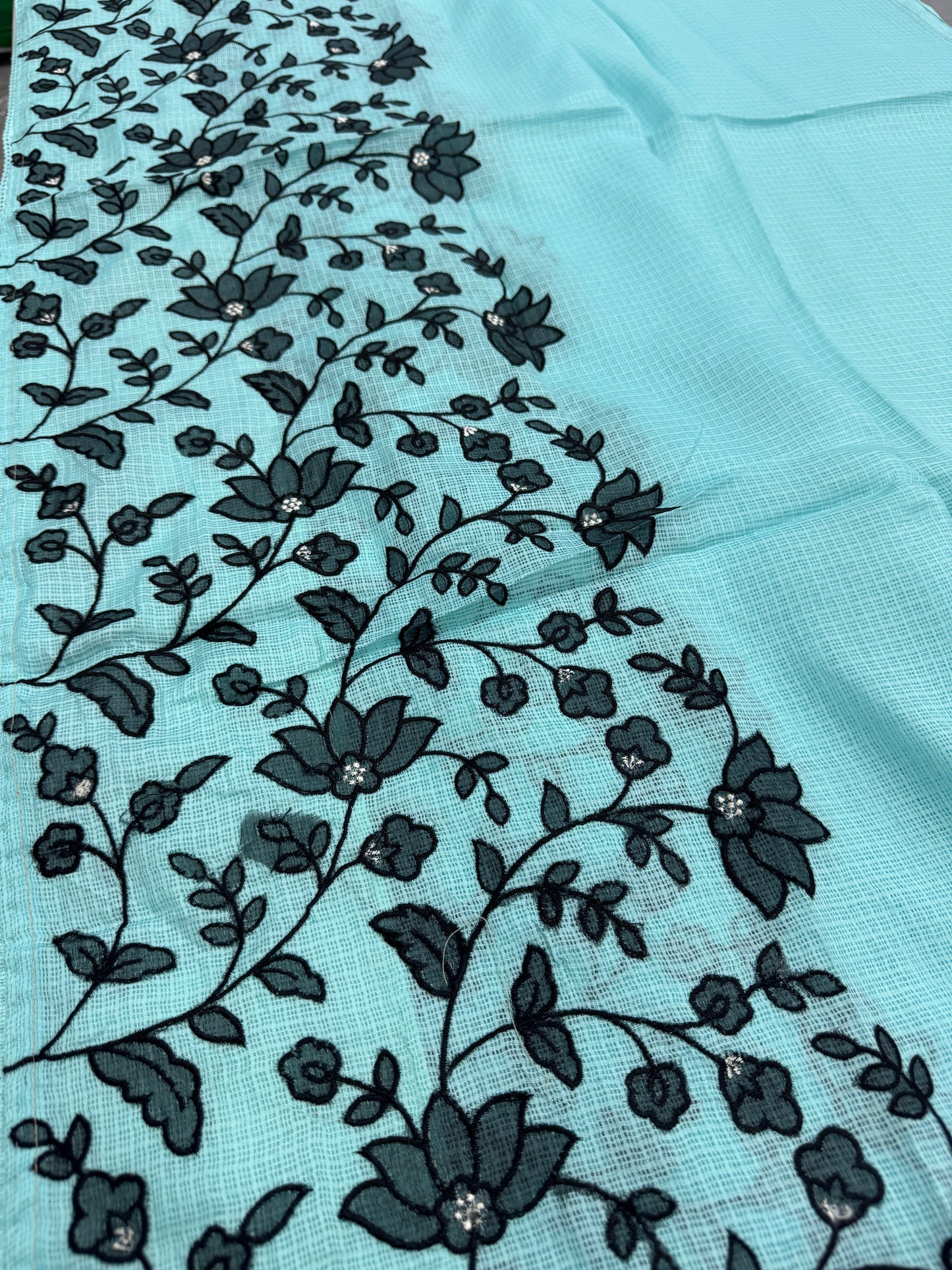 Dhriti | Turquoise Blue & Black Semi Kota Silk Saree | Artistic Floral Appliqué image 6