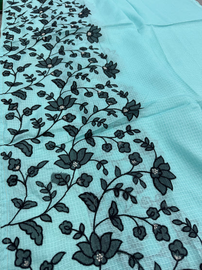 Dhriti | Turquoise Blue & Black Semi Kota Silk Saree | Artistic Floral Appliqué image 6