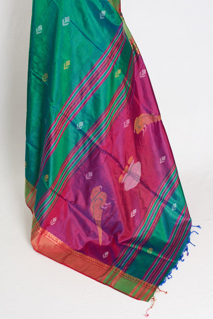 Shalini : Lightweight Bishnupur Katan Silk Saree in Emerald Green and Purple image 3