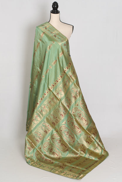 Vibha | Pastel Sea Green Handwoven Minakari Swarnachari Saree | 40 Size Blouse image 3