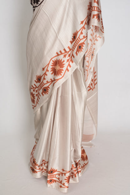 Rita | Cement White Soft Satin Saree with Traditional Kolka Prints image 6