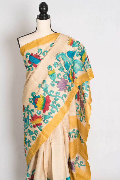 Kala : Hand Painted Kalamkari Tussar Silk Saree in Cream and Yellow image 5