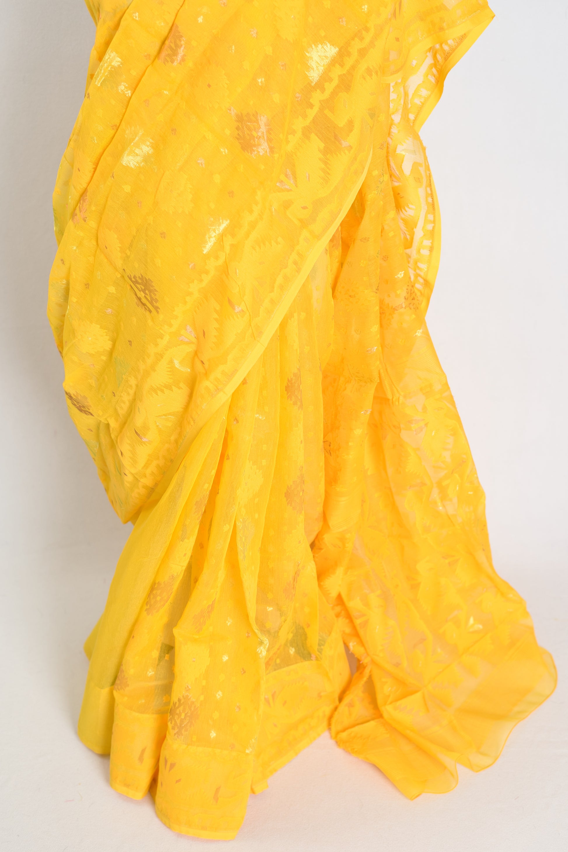 Hriti : Bright Yellow Blended Soft Cotton Jamdani Bengali Saree image 5