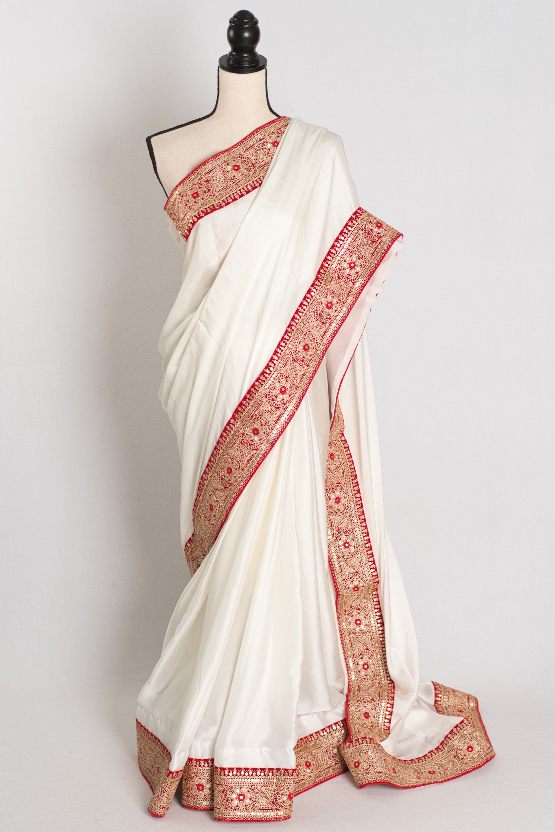 Farah : Off White and Red Patch Border Designer Satin Silk Partywear Saree image 0
