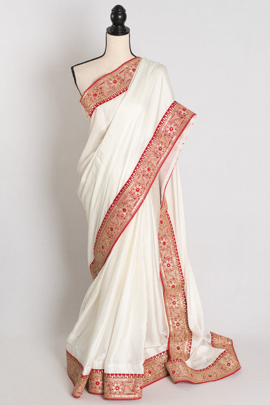 Farah : Off White and Red Patch Border Designer Satin Silk Partywear Saree image 0