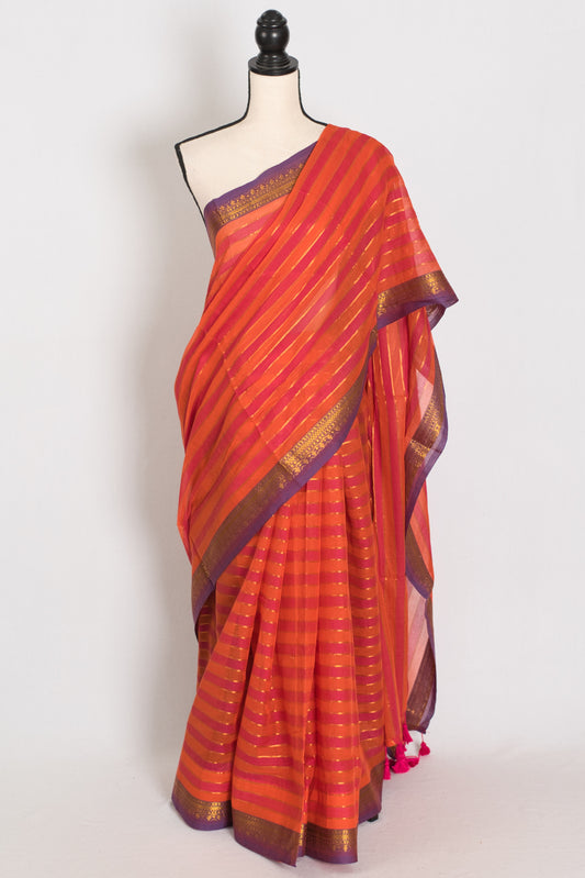 Rai: Orange Horizontal Striped Mulmul Cotton Saree | Contemporary Soft Cotton image 0