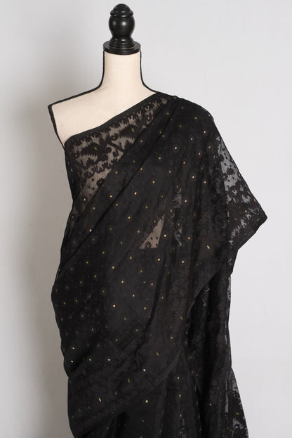 Koli : Midnight Black and Gold Soft Blended Cotton Bengali Jamdani Saree image 2
